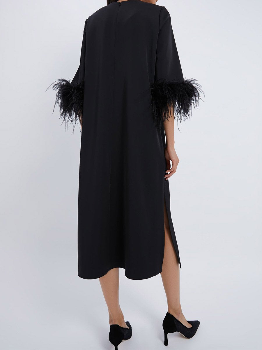 Crewneck Feather Cuffs Side Slit Dress