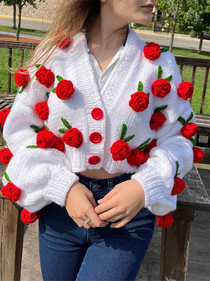 Rose Flower Sweater Knitted Cardigan