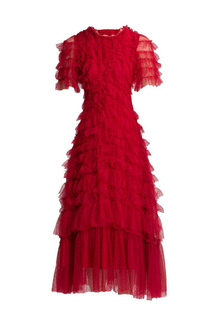 Ruffled Tulle Gown In Red