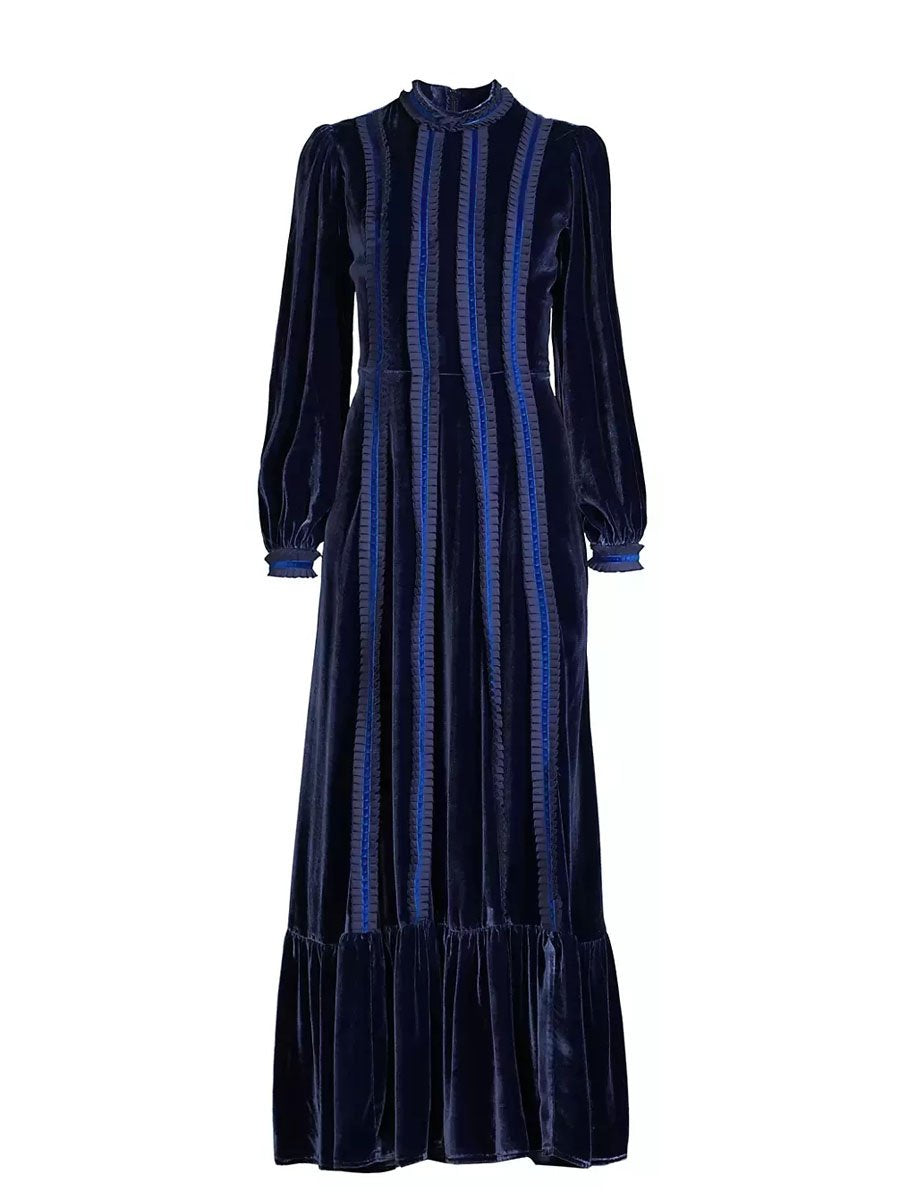 Patchwork Ruffled Velvet Long Sleeve Maxi Dress