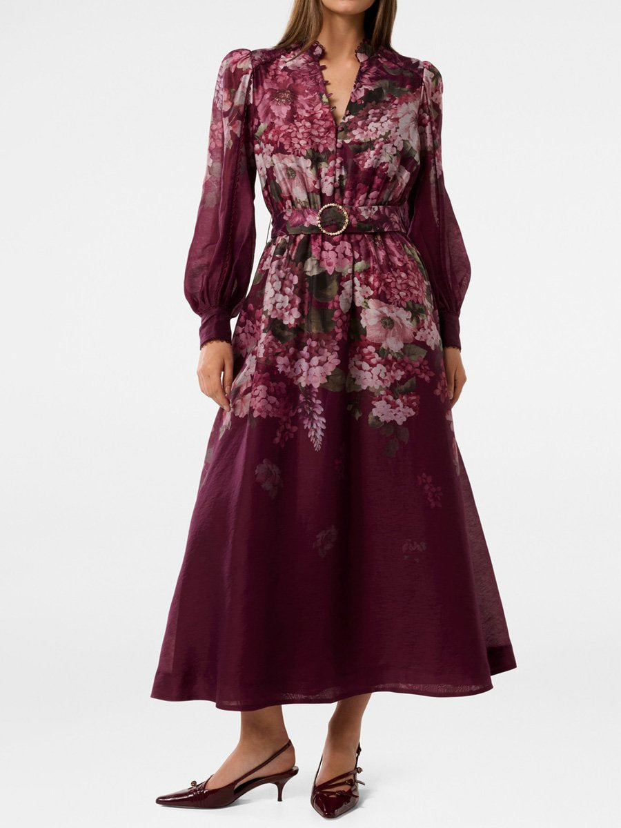 Printed Belted Long Sleeve Button Front Maxi Dress