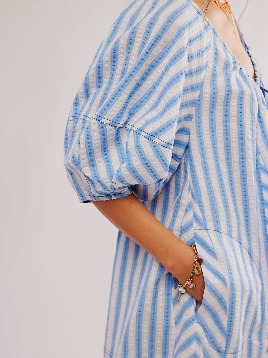 Striped Casual Loose Deep V Wide-leg Romper