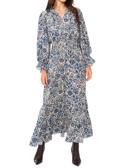 Printed Ruffled Long Sleeve Maxi Dress