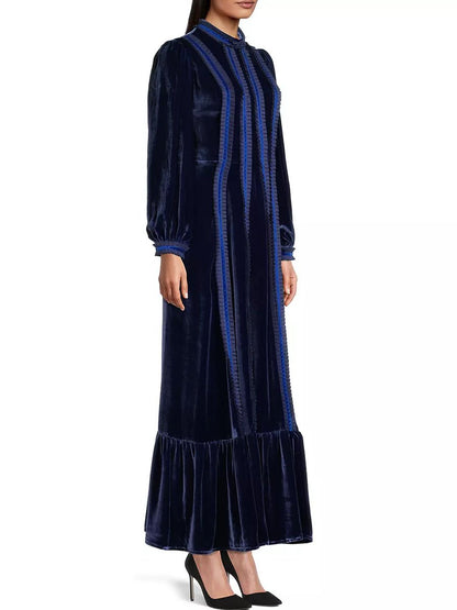 Patchwork Ruffled Velvet Long Sleeve Maxi Dress