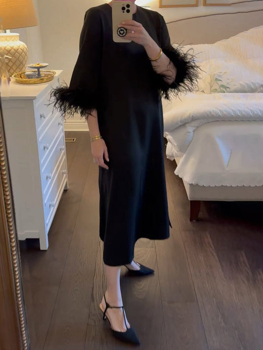 Crewneck Feather Cuffs Side Slit Dress