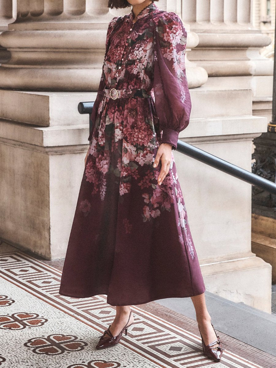 Printed Belted Long Sleeve Button Front Maxi Dress