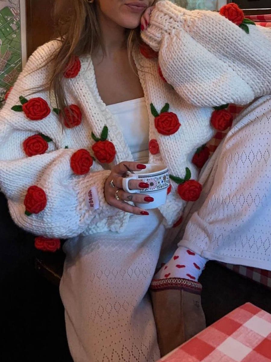 Rose Flower Sweater Knitted Cardigan