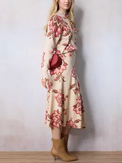 Winter Elegant Floral Knit Dress Two-Piece Set