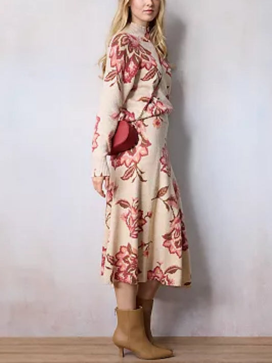 Winter Elegant Floral Knit Dress Two-Piece Set