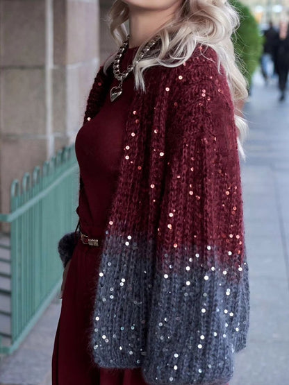 Casual Sequin Gradient Knit Cardigan