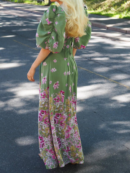 Puff Sleeve Printed Maxi Dress