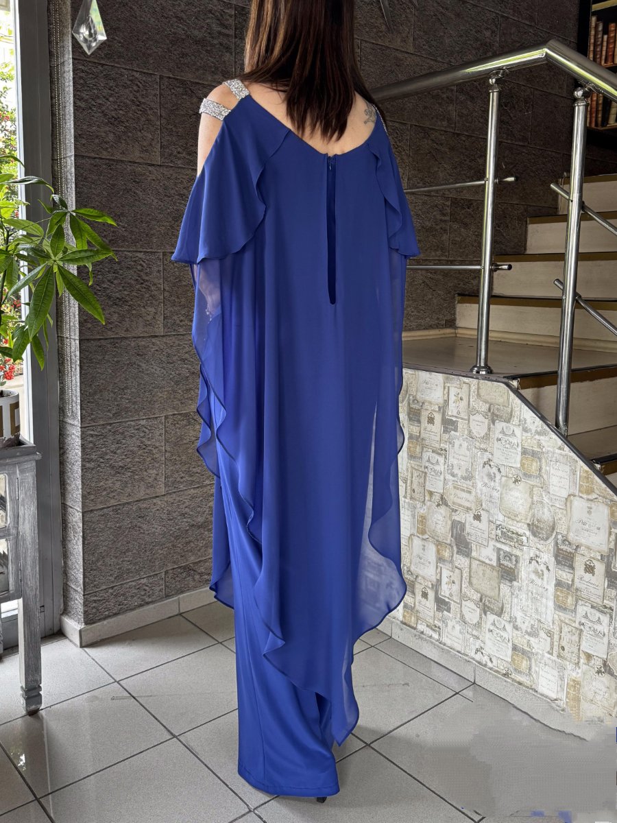 Sequin Chiffon Irregular Hem Cold Shoulder Jumpsuit