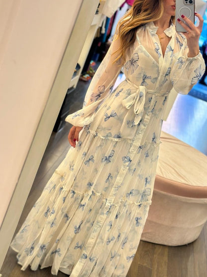 Chiffon Bow Printed Maxi Dress