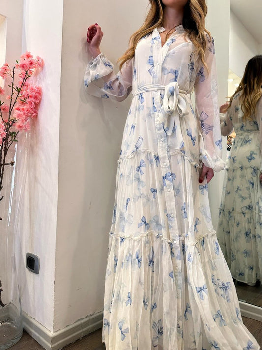 Chiffon Bow Printed Maxi Dress