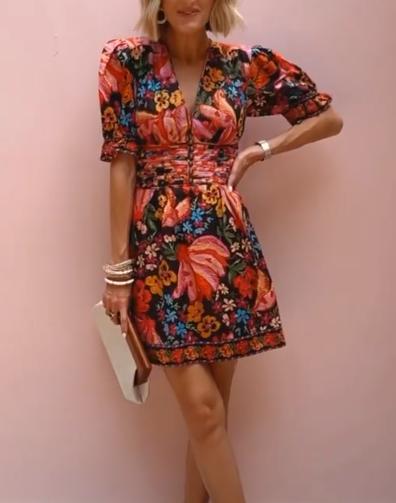 Printed V-neck Puff Sleeve Dress