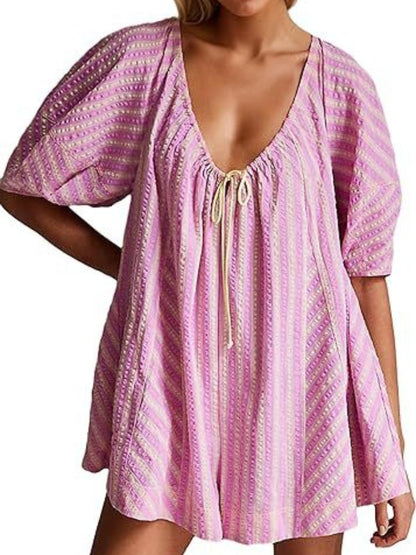 Striped Casual Loose Deep V Wide-leg Romper