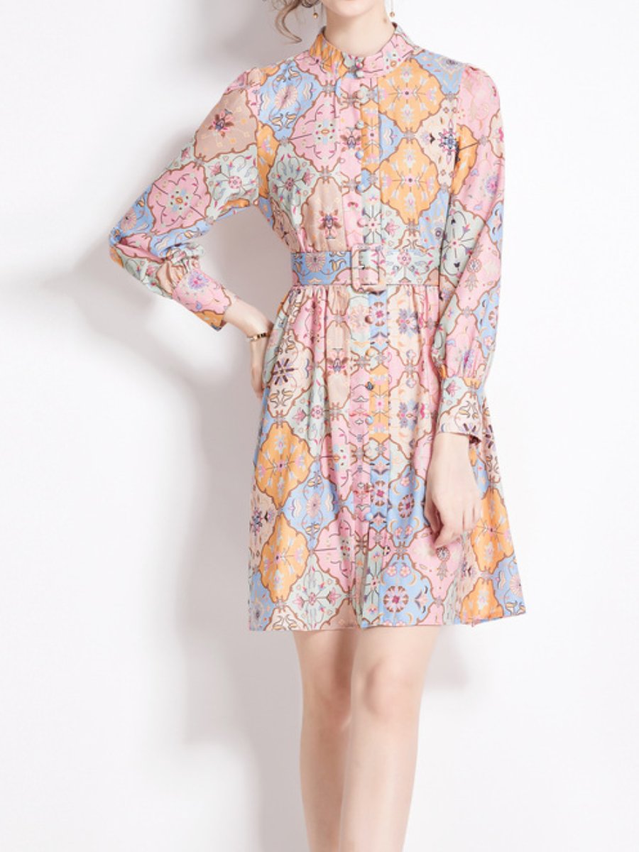 Patchwork Printed Long Sleeve Midi Dress