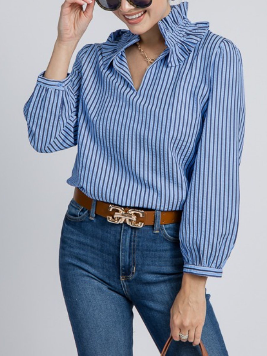 Ruffle Collar Stripe Top